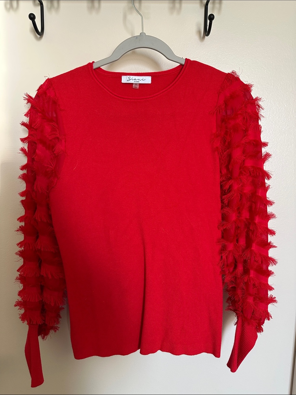 Sioni Bright Red Fringe-Sleeve Knit Top